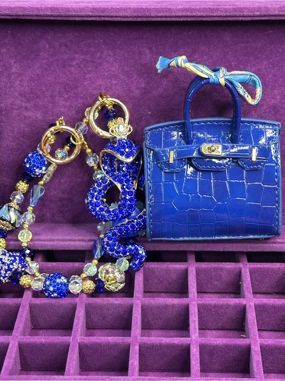 Cobalt Blue Mini Bag Charm + Rhinestone Snake Chain
